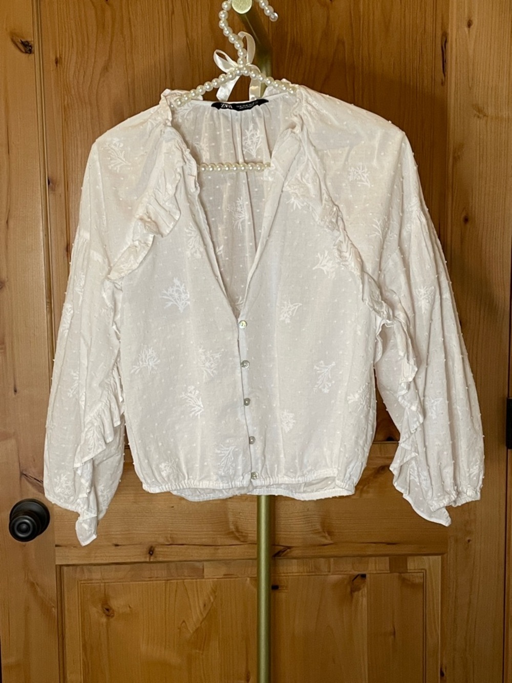 Zara Cream Ruffle-Trim Button-Front Blouse